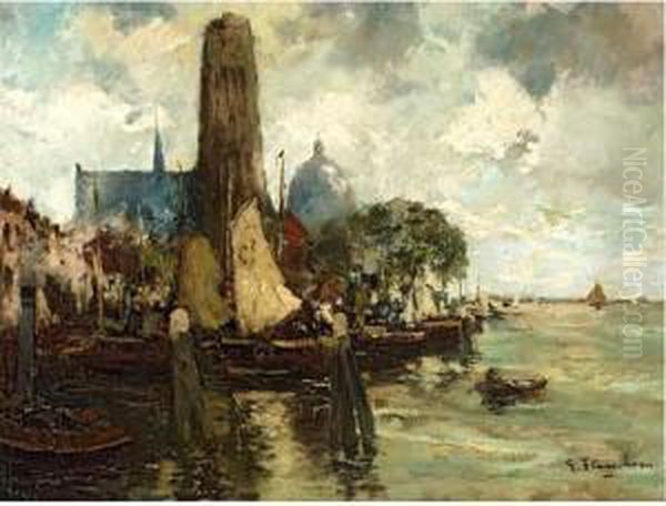 Vue D'un Port. Oil Painting by Gustave Flasschoen