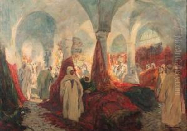 An Oriental Bazaar Oil Painting by Gustave Flasschoen