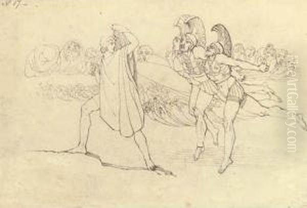 Illustration To Homer's Odyssey: Odysseus Terrified By The Ghosts Oil Painting by John Flaxman