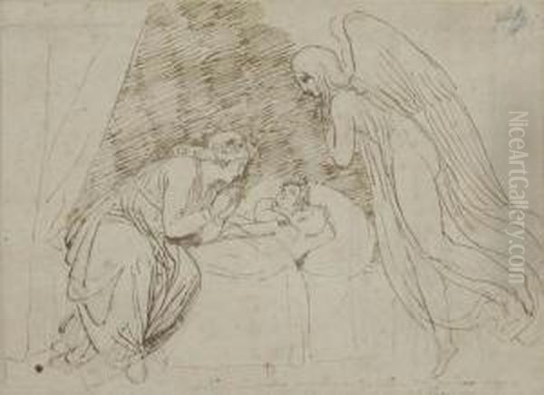 A Lady Upon Parting Commending Her Two Children To The Guardianangel Oil Painting by John Flaxman