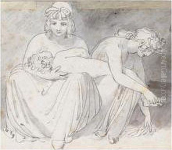 Two Women With A Young Child Oil Painting by John Flaxman