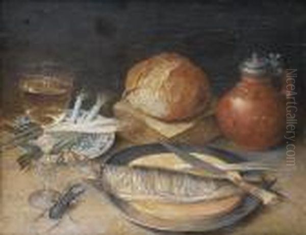 A Glass Of White Wine With An 
Earthenware Jug,a Blue And White Dish Of Spring Onions And A Pewter Dish
 With Aknife And Fish, With A Stag Beetle On A Table-top Oil Painting by Georg Flegel