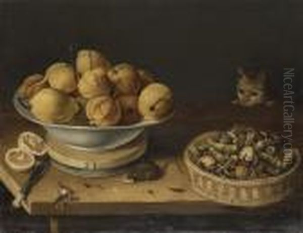 Lemons In A Bowl Standing On A Cheesebox Oil Painting by Georg Flegel