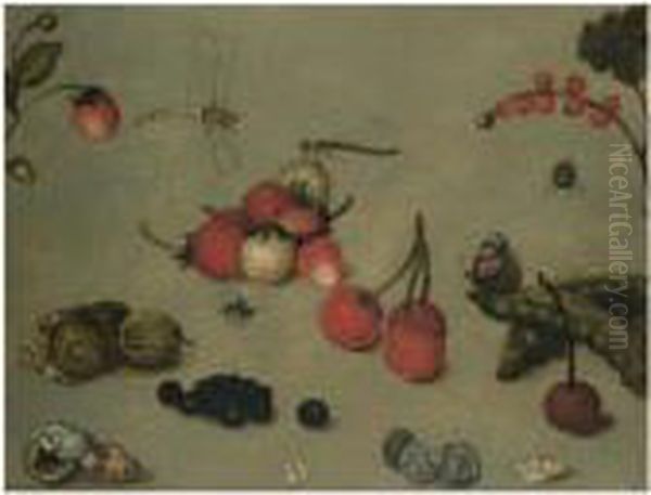 A Still Life With Fraises De 
Bois, Sea-shells, Coins, Cherries,dragonflies And Other Insects Oil Painting by Georg Flegel