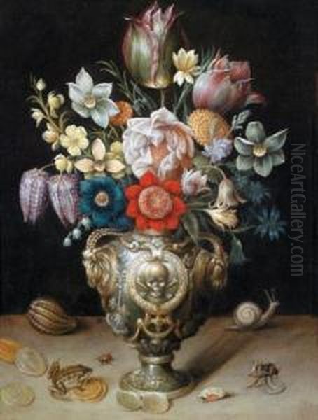 Mazzo Di Fiori In Un Sontuoso Vaso Decorato Plasticamente Con Rana Oil Painting by Georg Flegel