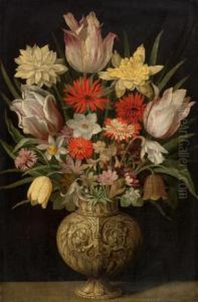 Floral Bouquet In A Metal Vase With Ornaments. Oil Painting by Georg Flegel