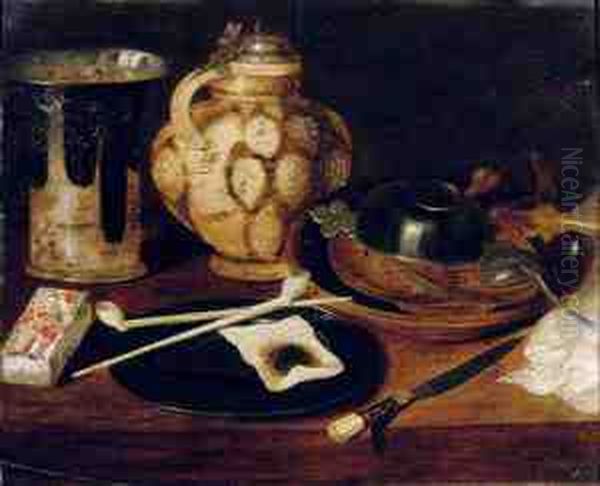 A Deck Of Cards, A Pewter Plate 
With Pipes And Tobacco, An Earthenware Beaker And Jug, A Knife And An 
Earthenware Bowl With Pewter Objects On A Table Oil Painting by Georg Flegel