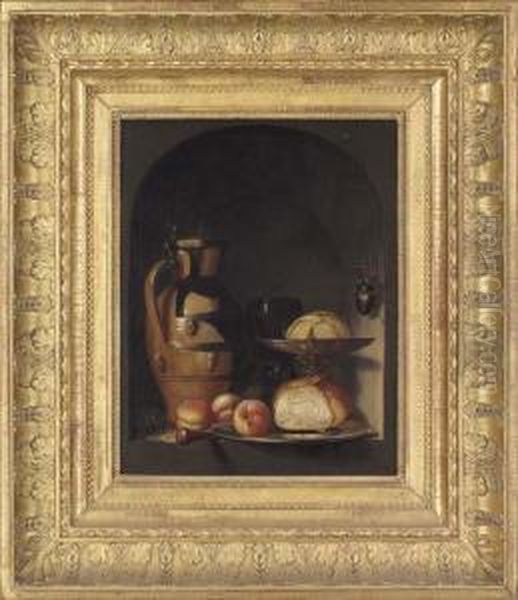 An Earthenware Jug, A Glass 
Roemer, A Silver Tazza, A Pewter Plate With Bread And Peaches, A Mouse 
And A Stag-beetle In A Casement Oil Painting by Georg Flegel