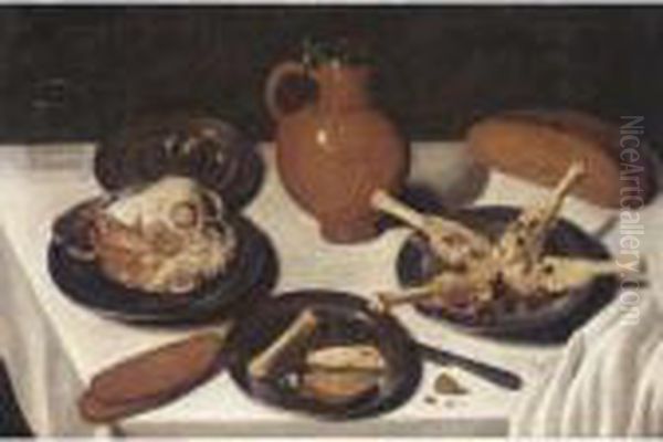 A Still Life With Various Cuts 
Of Meats On Pewter Plates Together With An Earthenware Flagon, A Glass 
And A Loaf Of Bread Oil Painting by Georg Flegel