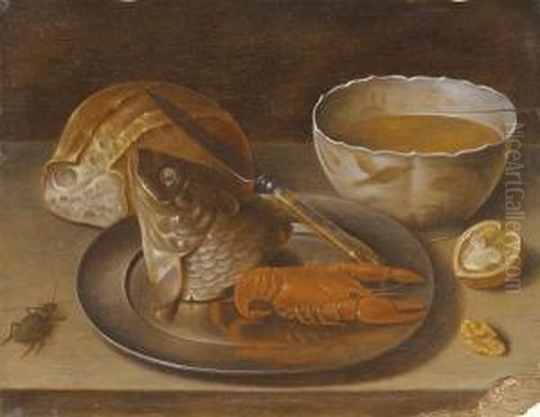 Natura Morta Con Pesce, Aragosta Su Vassoio, Zuppa, Pane E Noce Oil Painting by Georg Flegel