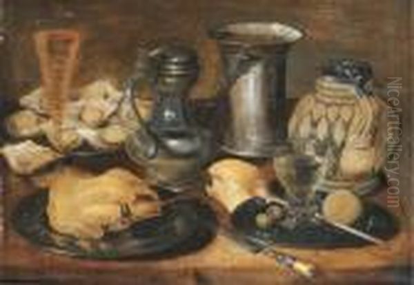 A Roast Pheasant, A Roemer, 
Olives, A Lemon And A Pipe, And Oysterson Pewter Plates, With A Pewter 
Pitcher, A Facon-de-venisewineglass, A Knife, A Roll Of Bread, A Tankard
 And A Flask On Awooden Table Oil Painting by Georg Flegel