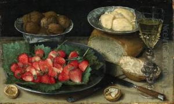 Strawberries On A Plate, Walnuts
 In A Porcelain Bowl, Butter On Aplate, A Loaf Of Bread, A Faon De 
Venise Wine Glass, A Knife And Afork On A Table Oil Painting by Georg Flegel