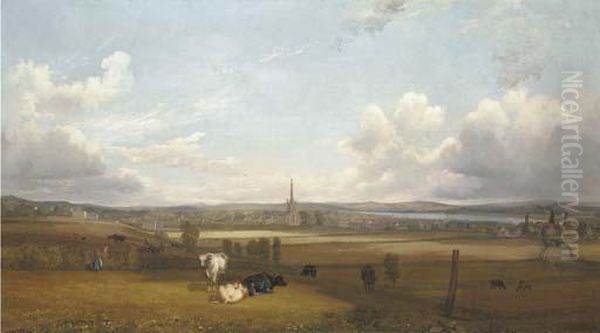 View Of Alloa, With Cows And Figures In The Foreground Oil Painting by John Fleming