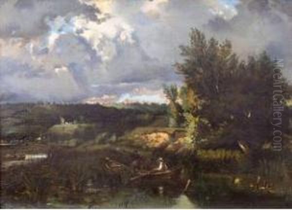 Chasseurs Dans Un Paysage Vallone. Oil Painting by Camille Flers