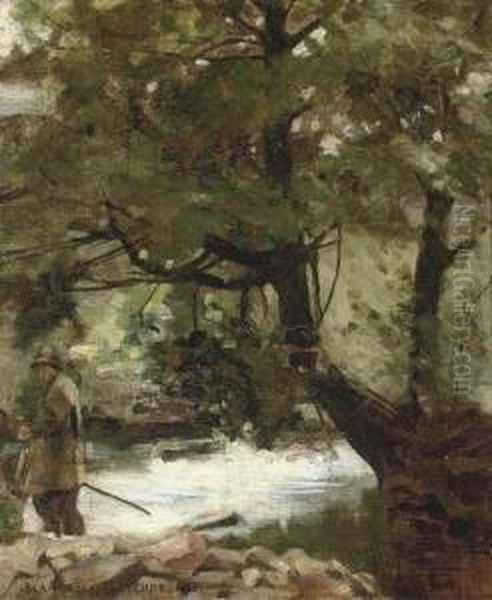 An Angler Beside A Wooded Stream Oil Painting by William Teulon Blandford Fletcher