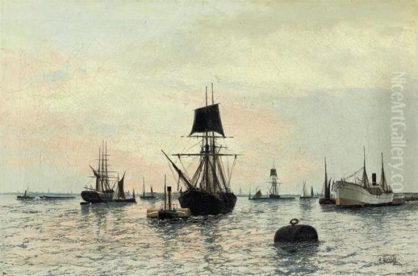 Towing In The Brig At Dusk Oil Painting by Edwin Fletcher