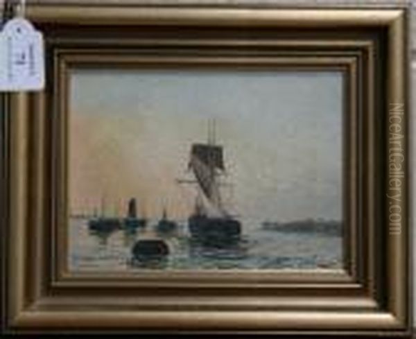 Sailing Vessels In Coastal Waters Oil Painting by Edwin Fletcher