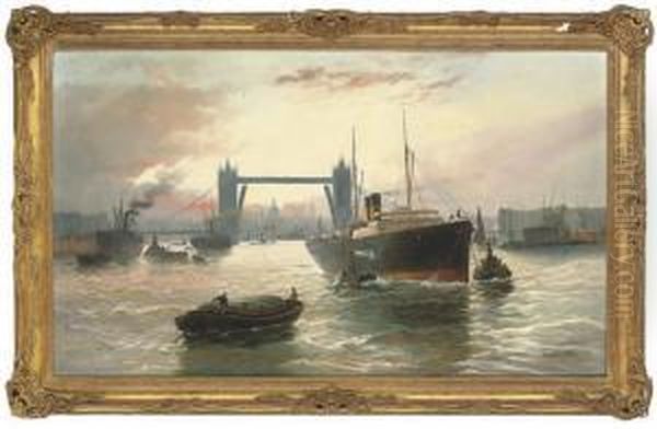 Shipping In The Pool Of London, Tower Bridge And St Pauls Beyond Oil Painting by Edwin Fletcher