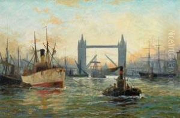 Ansicht Von London Mit Schiffen Vor Der Tower Bridge Oil Painting by Edwin Fletcher