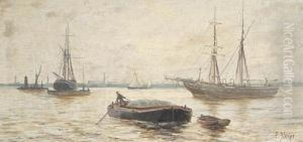 Ships At Anchor On The River, A Pair Oil Painting by Edwin Fletcher