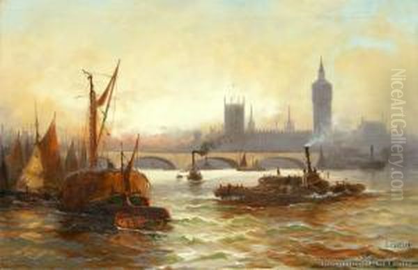 Westminster Bridge & Houses Of Parliament Oil Painting by Edwin Fletcher