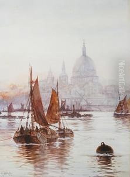 St. Pauls' From The River Thames; The Houses Of Parliament Fron The River Thames Oil Painting by Edwin Fletcher