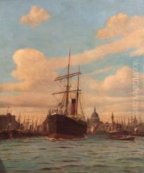 Thames With St Paul's Beyond Oil Painting by Edwin Fletcher