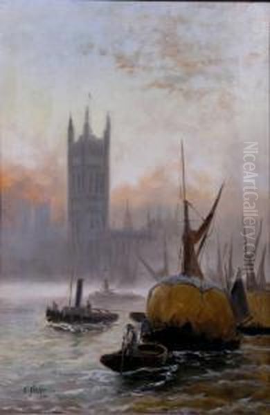 Barges On The Thames Before Westminster Palace Oil Painting by Edwin Fletcher