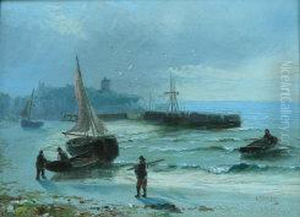 Fishing Boats On The Shoreline Oil Painting by Edwin Fletcher