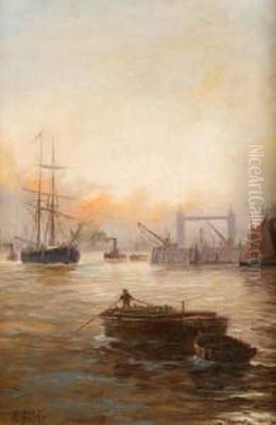 Shipping On Thethames With Tower Bridge In Distance Oil Painting by Edwin Fletcher