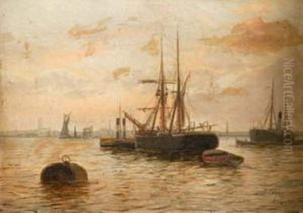 Shipping In An Estuary Oil Painting by Edwin Fletcher