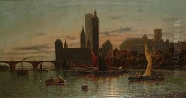 Barges On The Thames At Westminster Oil Painting by Edwin Fletcher