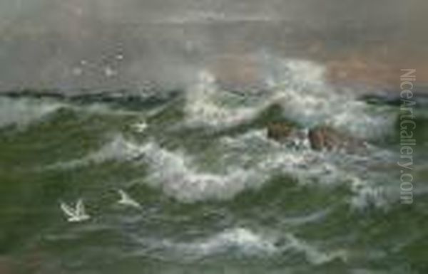 Seagulls Before Crashing Waves; Boats Off A Harbour Oil Painting by Edwin Fletcher