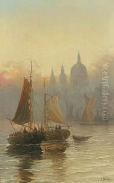 St Paul's From The Thames; Westminster From The Thames Oil Painting by Edwin Fletcher