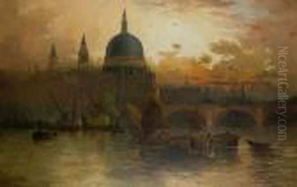 St Paul's From The Thames At Sunset Oil Painting by Edwin Fletcher