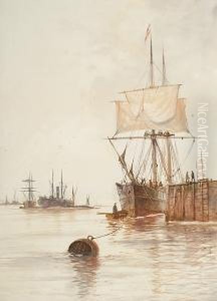 Ships In A Harbour Oil Painting by Edwin Fletcher