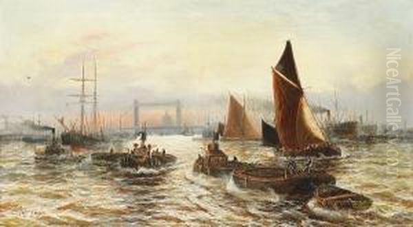 On The Thames At Wapping (the Pool) Oil Painting by Edwin Fletcher