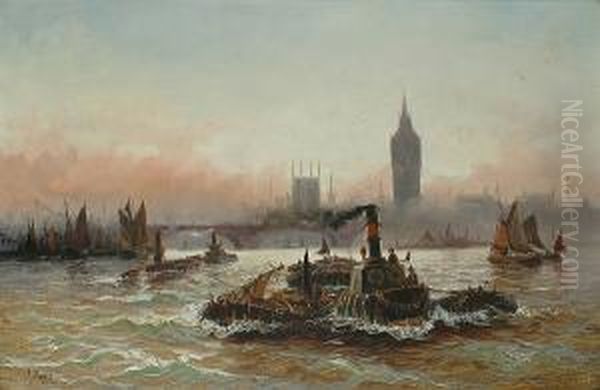 Shipping On The Thames, Big Ben And The Houses Of Parliament Beyond Oil Painting by Edwin Fletcher