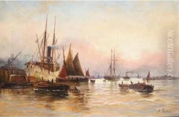 Shipping On The Thames Oil Painting by Edwin Fletcher