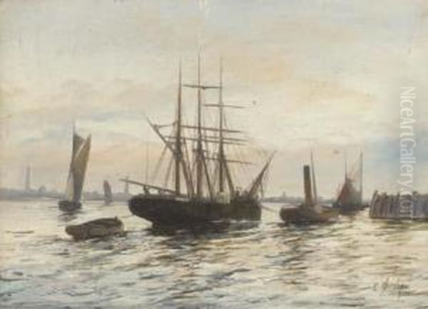 Shipping On The Lower Thames Oil Painting by Edwin Fletcher