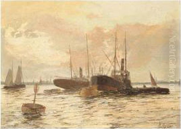 Steamer On A River Oil Painting by Edwin Fletcher