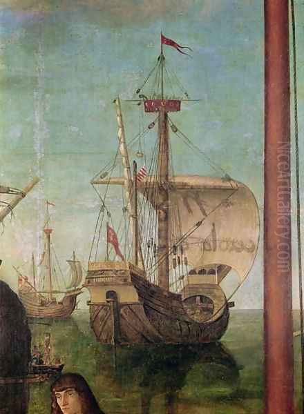 The Meeting and Departure of the Betrothed, from the St. Ursula Cycle, detail of a ship, 1490-96 Oil Painting by Vittore Carpaccio