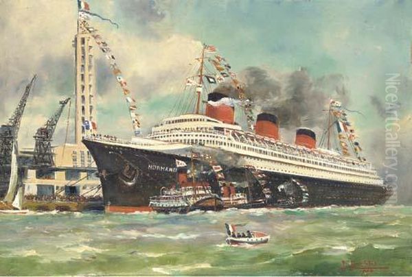 The S.s. Normandie Off Le Havre Oil Painting by Albert Francois Fleury