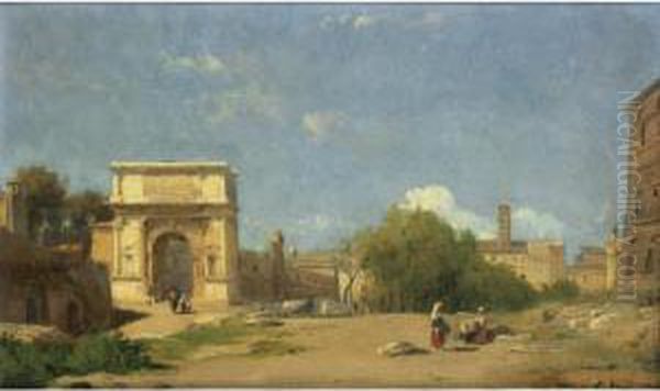 L'arc De Titus A Rome 
[francois-antoine-leon Fleury, The Arch Of Titus, Rome, Oil On Paper 
Laid Down On Canvas, Signed.] Oil Painting by Leon Fleury