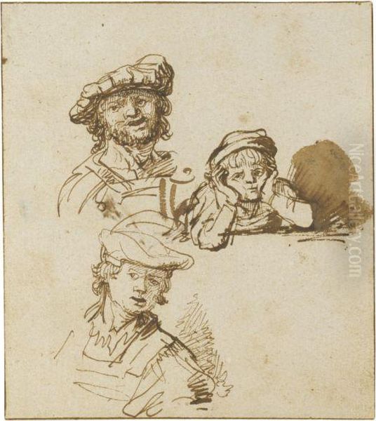 Studies Of Two Men In Hats And A Boy Leaning On Hishands, All Head And Shoulders Oil Painting by Govert Teunisz. Flinck