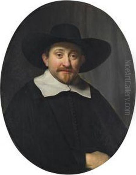 Portrait Of A Man, Half-length, In A Broad-brimmed Hat Oil Painting by Govert Teunisz. Flinck