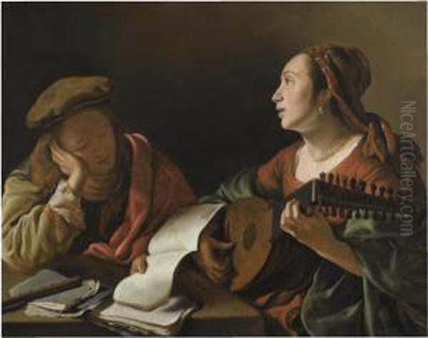 A Young Lady Playing The Lute To
 A Young Man Reading, Or 'anallegory Of Sight And Hearing' Oil Painting by Govert Teunisz. Flinck