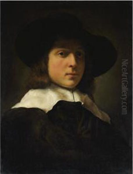 A Portrait Of A Young Man Wearing A Hat And White Ruff Oil Painting by Govert Teunisz. Flinck