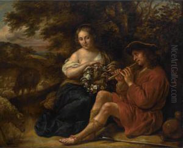 An Elegant Shepherdess Listening
 To A Shepherd Playing The Recorder In An Arcadian Landschape Oil Painting by Govert Teunisz. Flinck