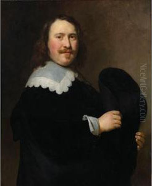 Sold By The J. Paul Getty Museum To Benefit Future Painting Acquisitions
 

 
 
 

 
 A Portrait Of A Gentleman, Standing Half-length, Turned To The Right, Wearing A Black Coat With A White Lace Colla Oil Painting by Govert Teunisz. Flinck